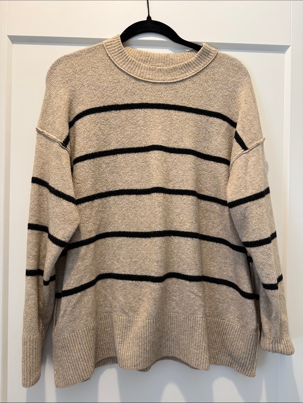aerie Beige and Black Striped Crewneck Sweater